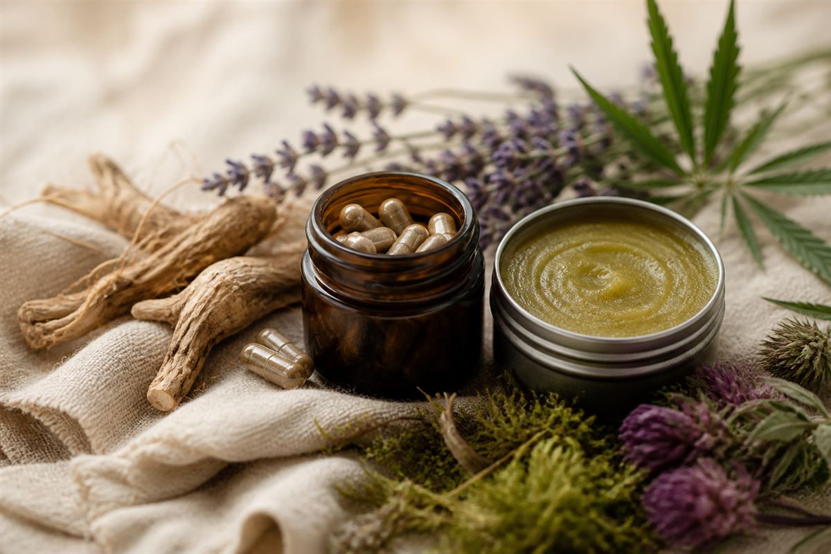 Herbal capsules and salve with dried roots and lavender on linen