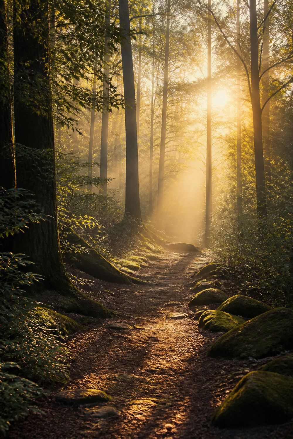Sunlit forest path suggesting a journey toward healing